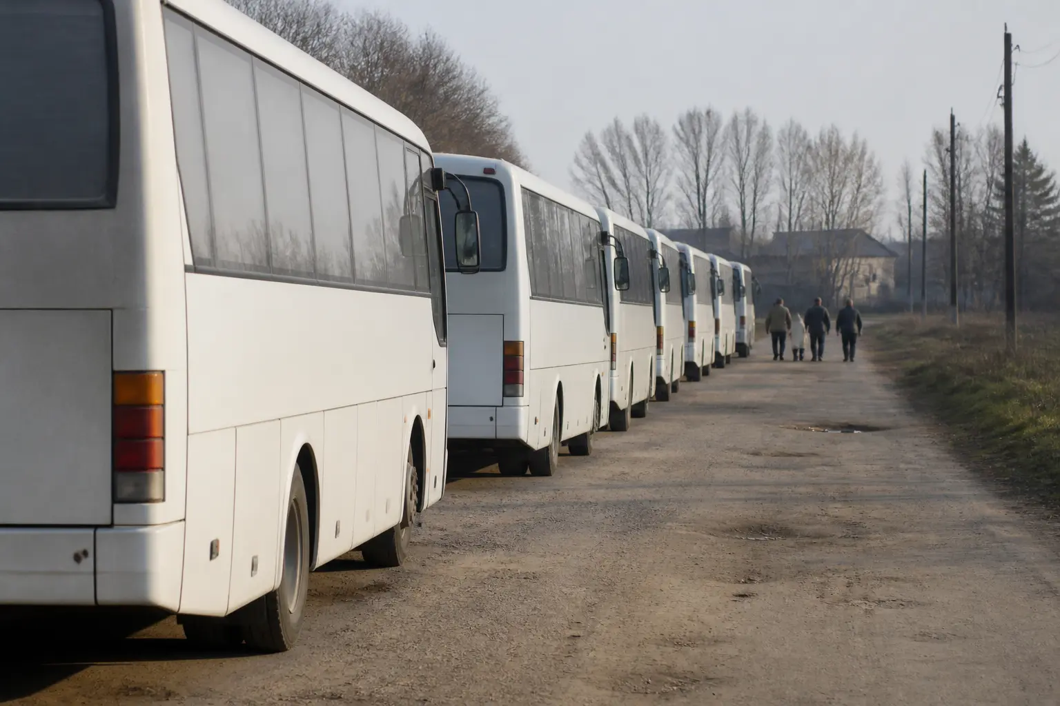 Buses parked on a rural road across flat farmland in southern Ukraine on an autumn morning