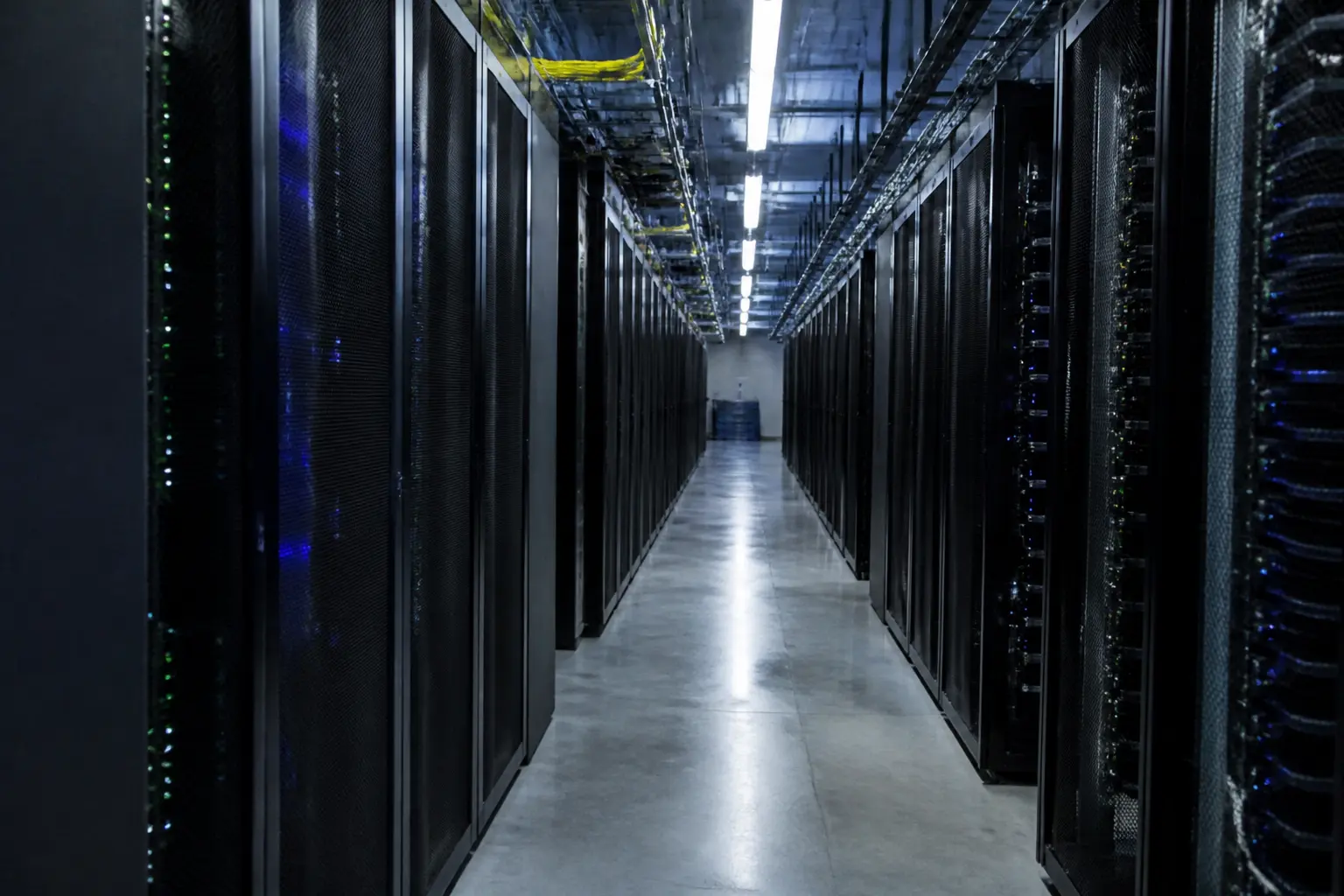 Ein leerer Serverraum-Korridor mit Racks unter kühlem Licht.