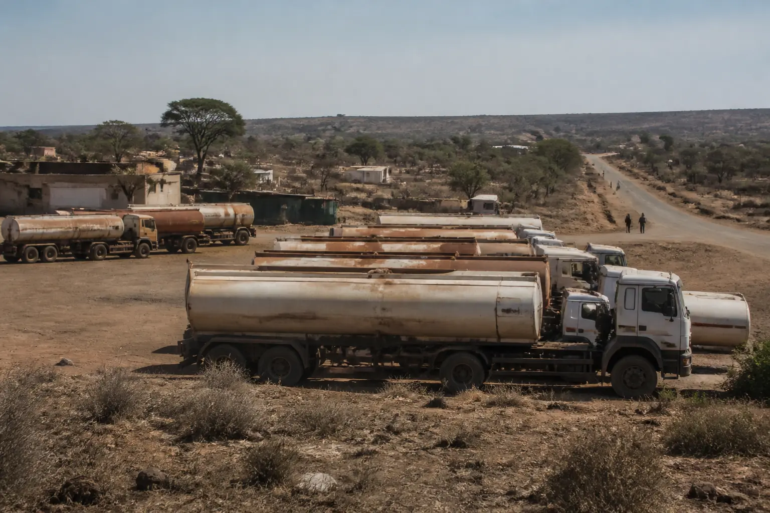Fuel tanker trucks parked on bare ground near a dirt road in a dry border region