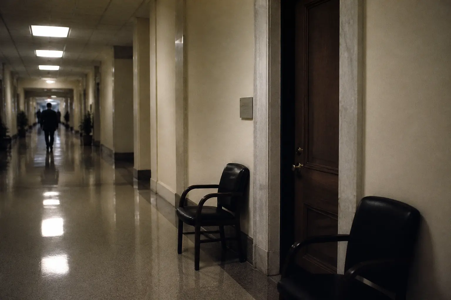 Un pasillo vacío en un edificio de oficinas gubernamentales de Washington, con una puerta cerrada al fondo.