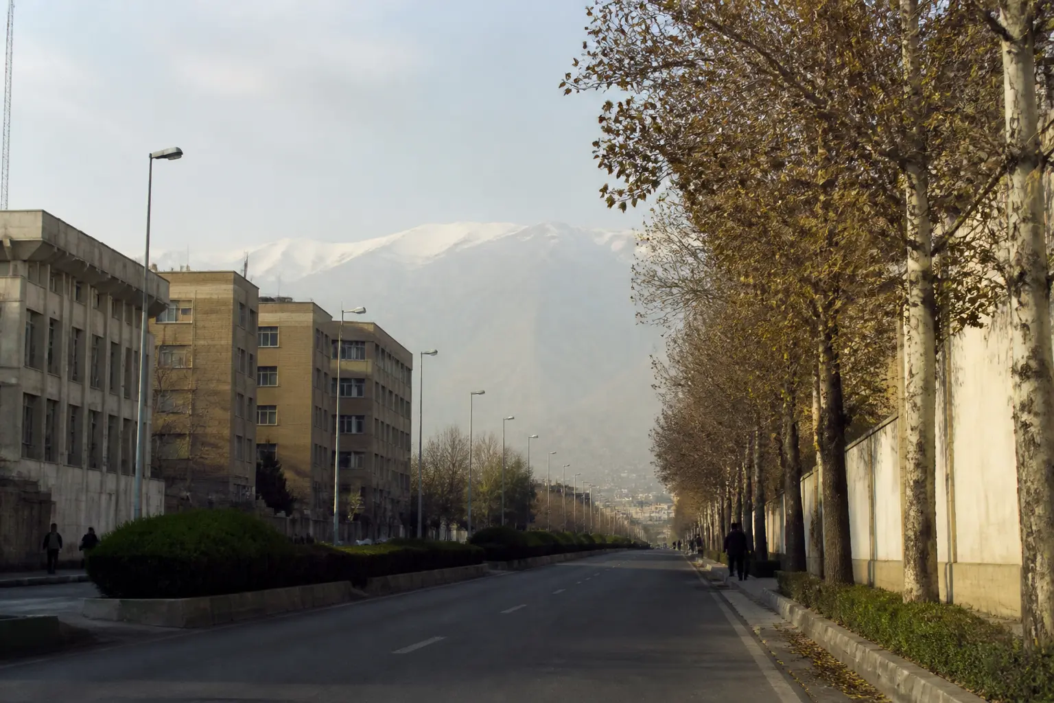 Un bulevar tranquilo con plátanos de sombra y edificios bajos en Teherán, con montañas visibles entre la bruma.