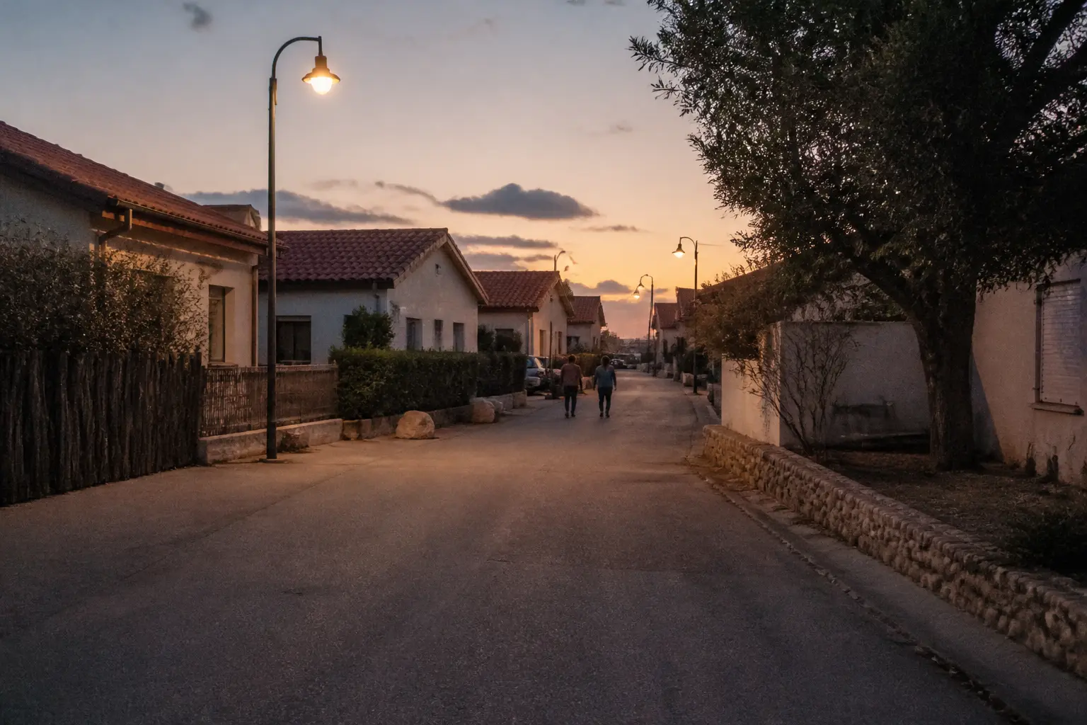 Eine ruhige Wohnstraße in einer südisraelischen Stadt in der Abenddämmerung