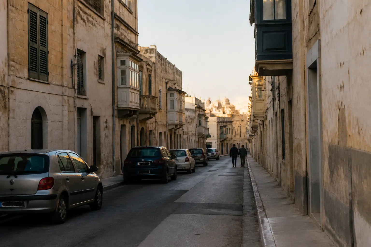 A stone-built street in a Mediterranean city at dawn, with distant figures walking