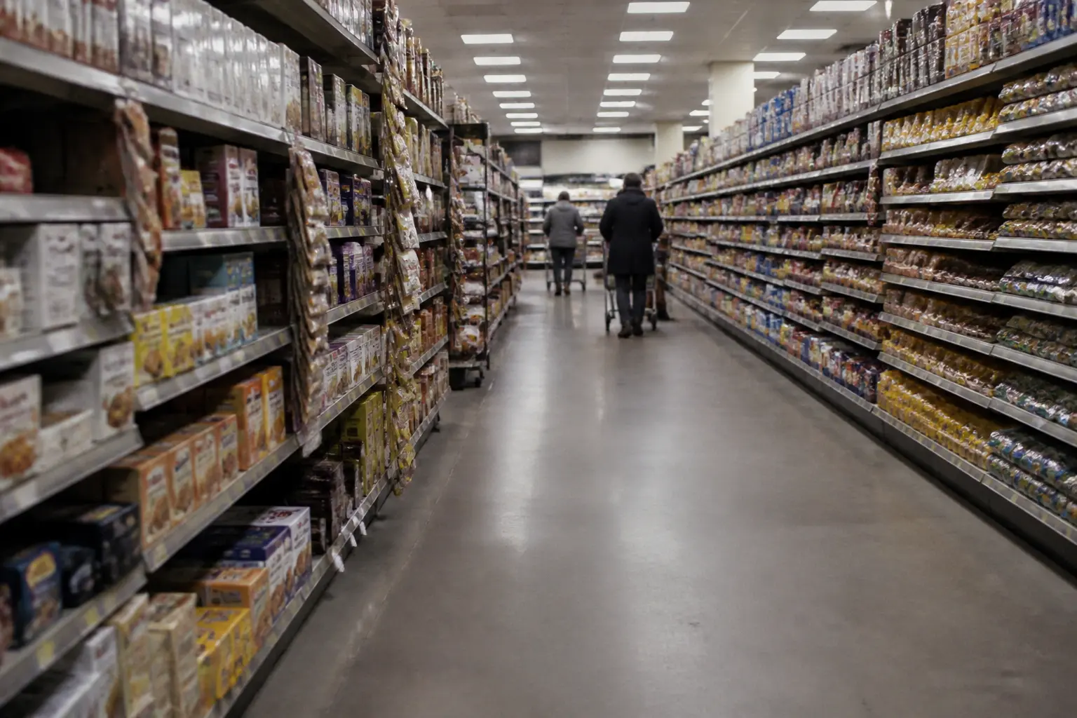 Un pasillo de supermercado en una ciudad estadounidense, con clientes al fondo empujando carritos